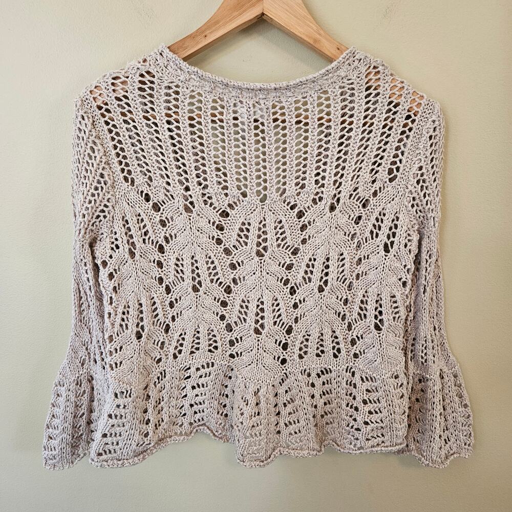Vintage Women's Crochet Cardigan Small Bell Sleeve Cropped Beige Boho Hippie - Picture 5 of 7